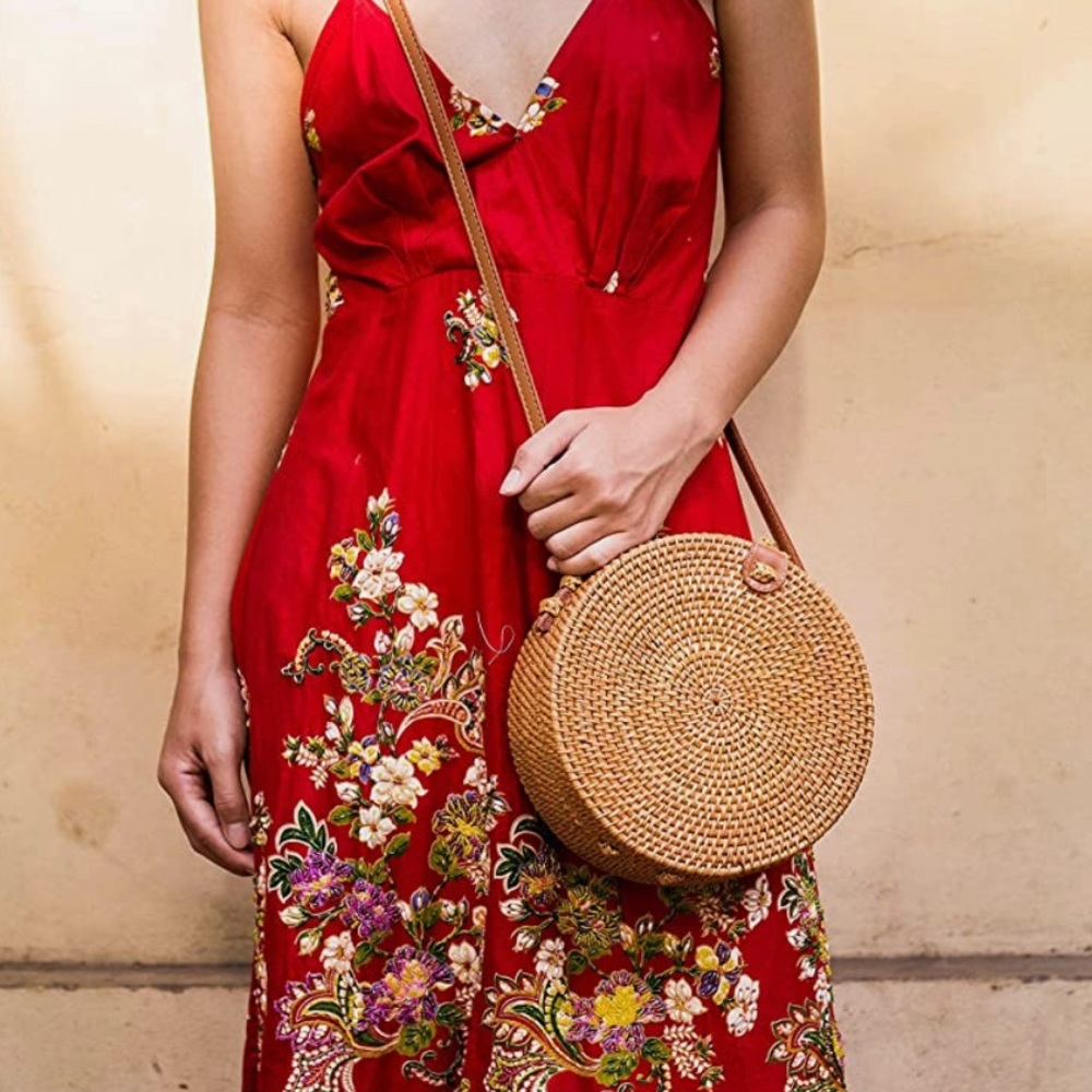 Round Rattan bag with leather straps natural crossbody handbag
